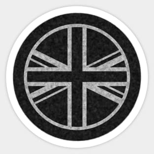 Round UK Union Jack flag black distressed White outline mod Sticker